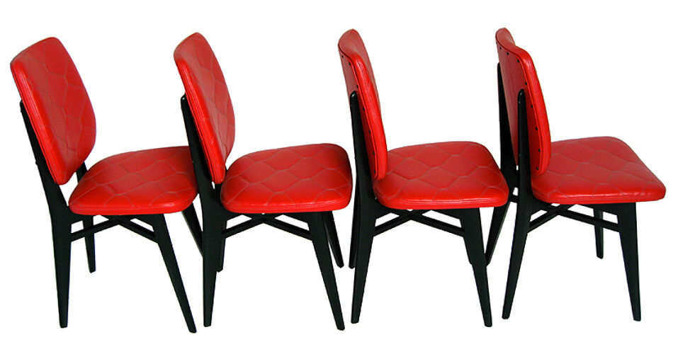 Lot de 4 chaises skaï rouge matelassé année 50
