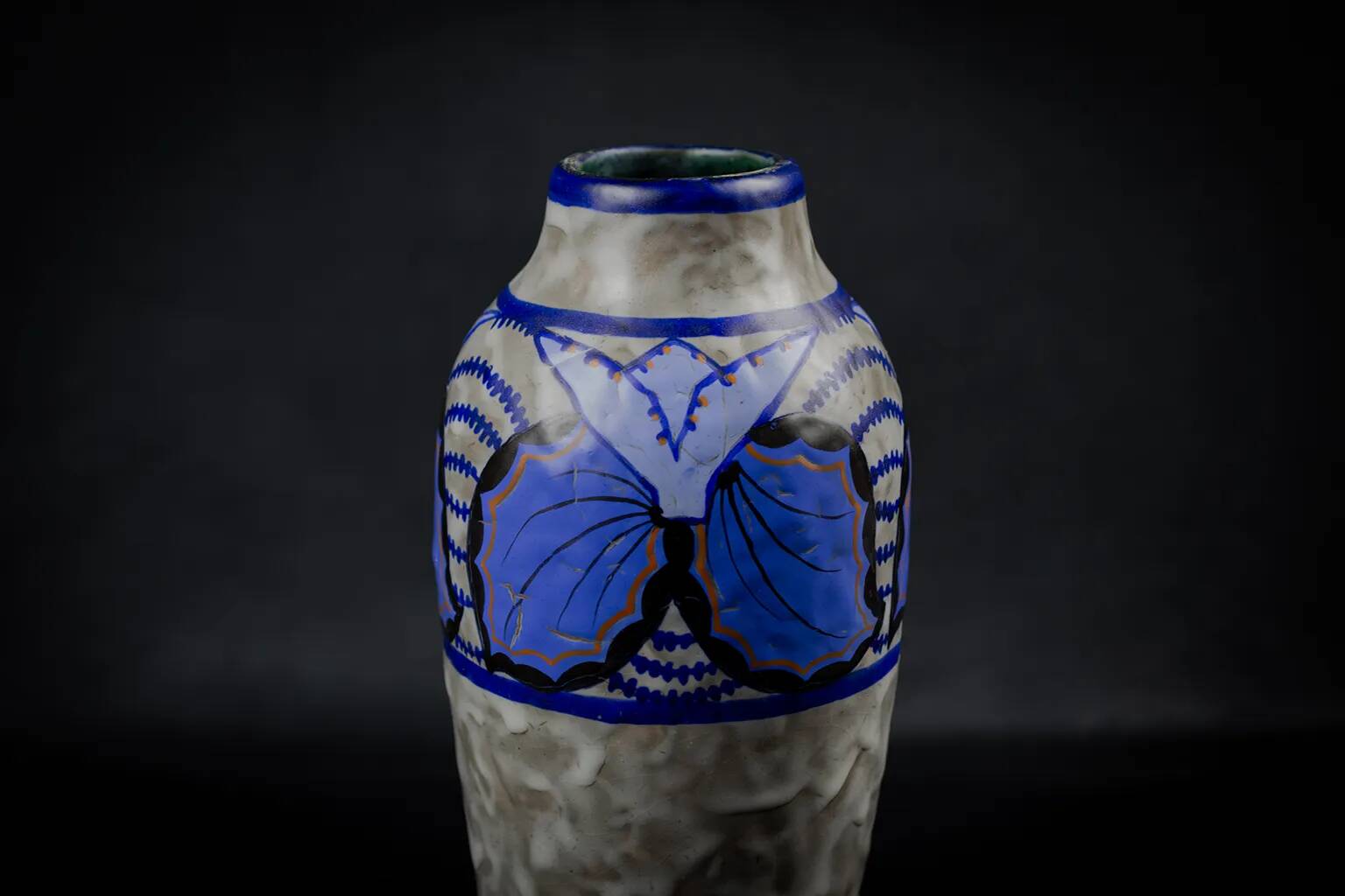 Vase Art déco en grès émaillé de Louis Dage, motifs papillon, circa 1930