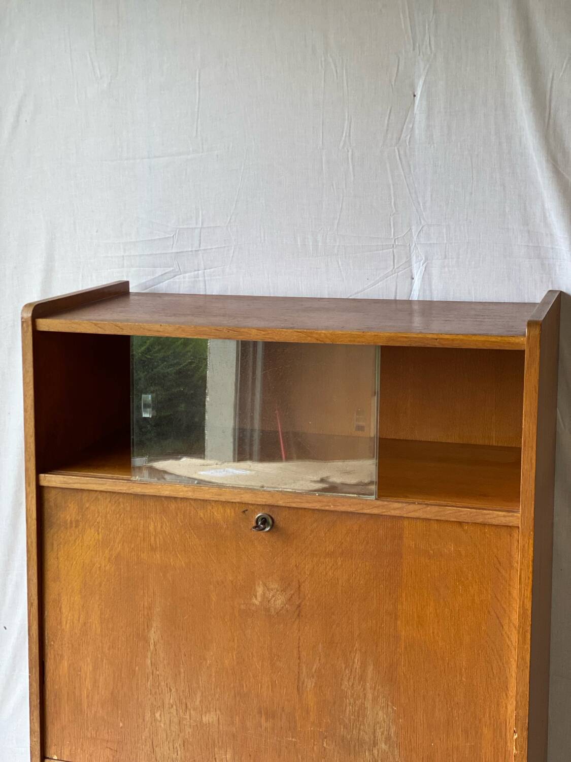 Vintage Scandinavian wooden secretary with display cabinet, desk and drawers