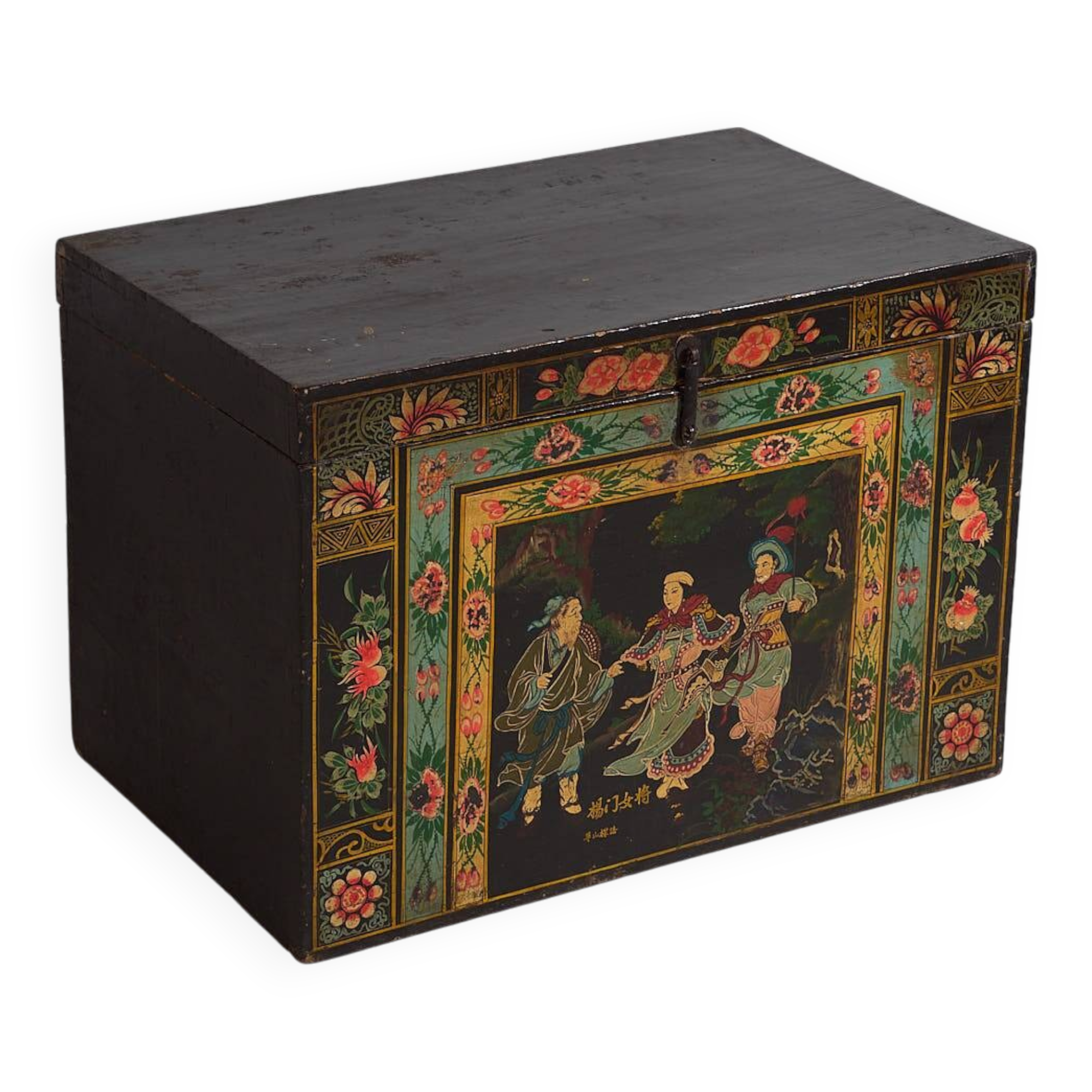 Antique oriental chest with painting of the warrior Yang Mulan (c.1900) #9