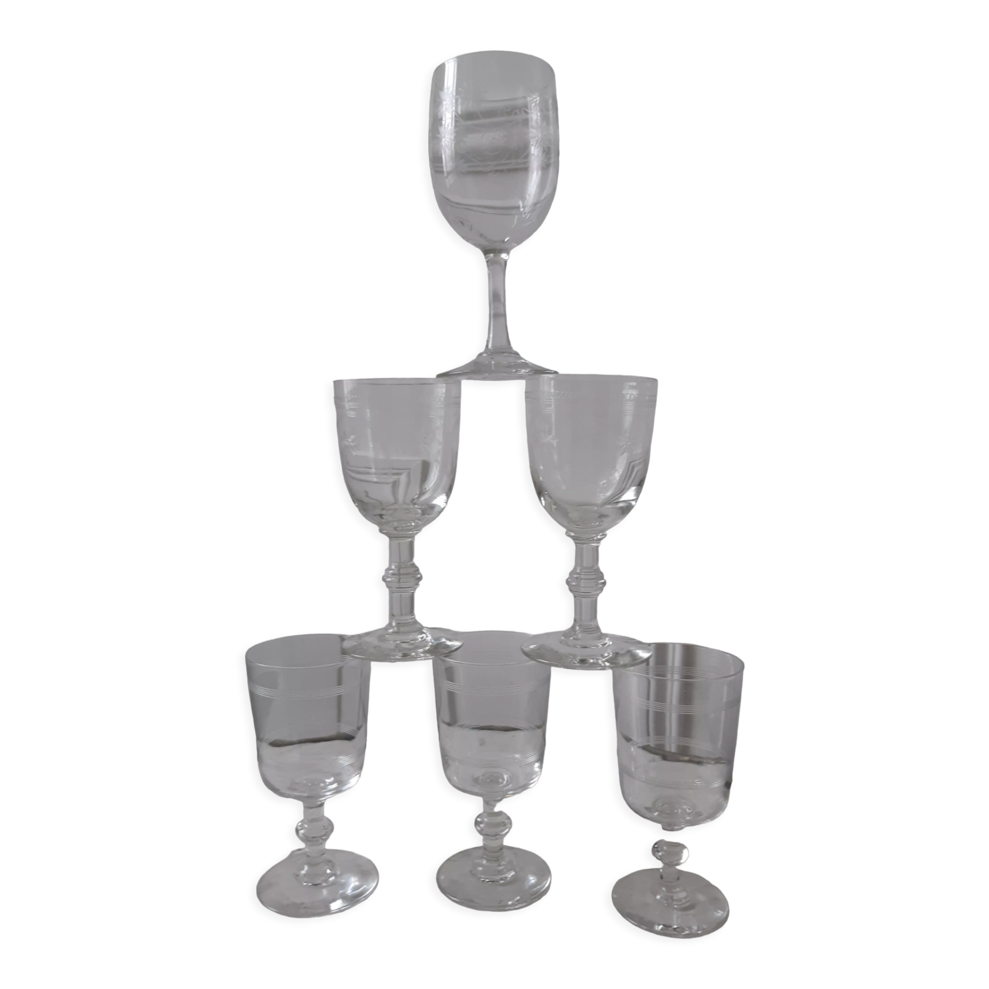 Set of 6 crystal wine glasses engraved 40-50s