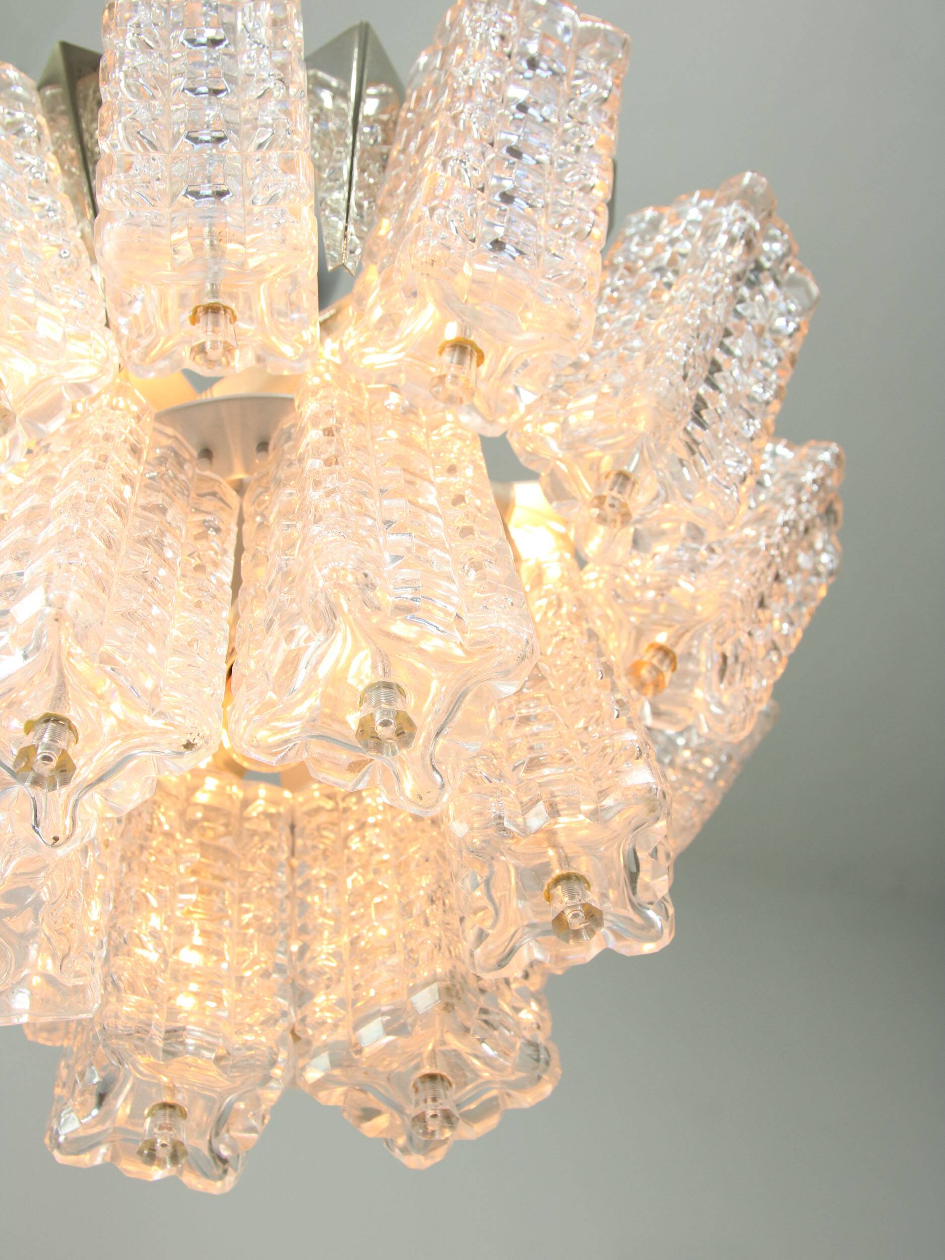 Vintage Austrolux Glass Chandelier: Mid-Century Chrome Pendant Light