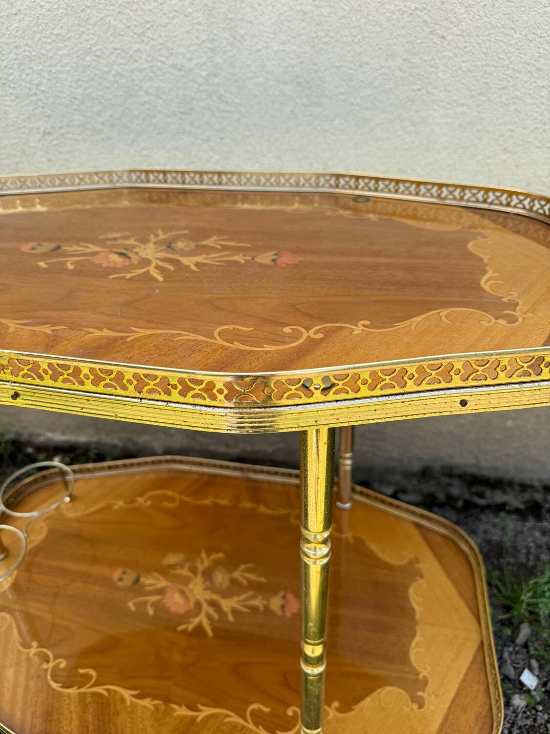 60s marquetry rolling bar trolley