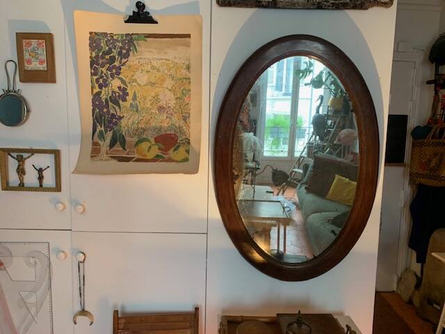 Large antique oval mahogany mirror, mercury glass, 19th century