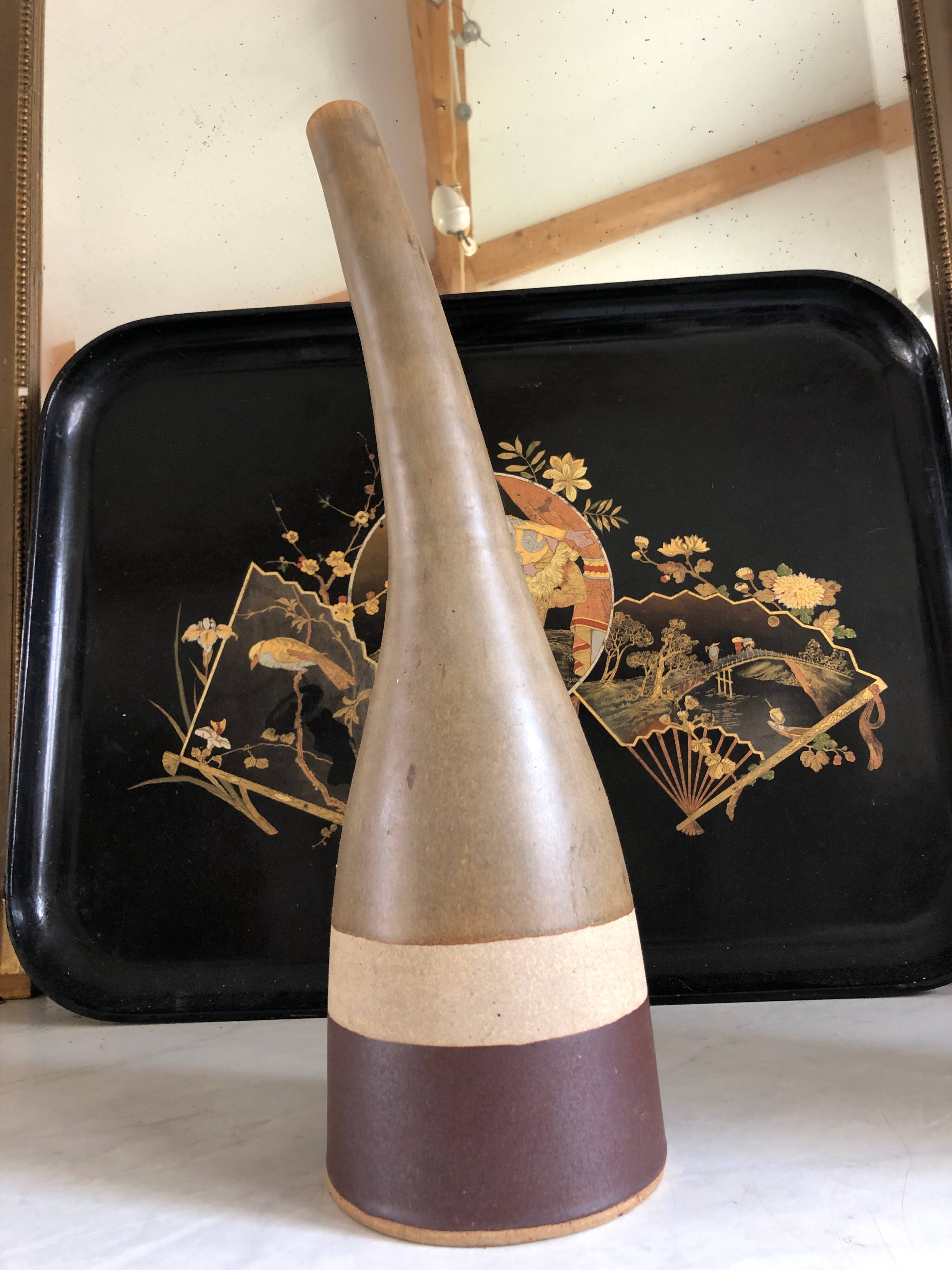 Soliflore Long Neck Vase in striped ceramic in the style of Bruno Gambone c1970