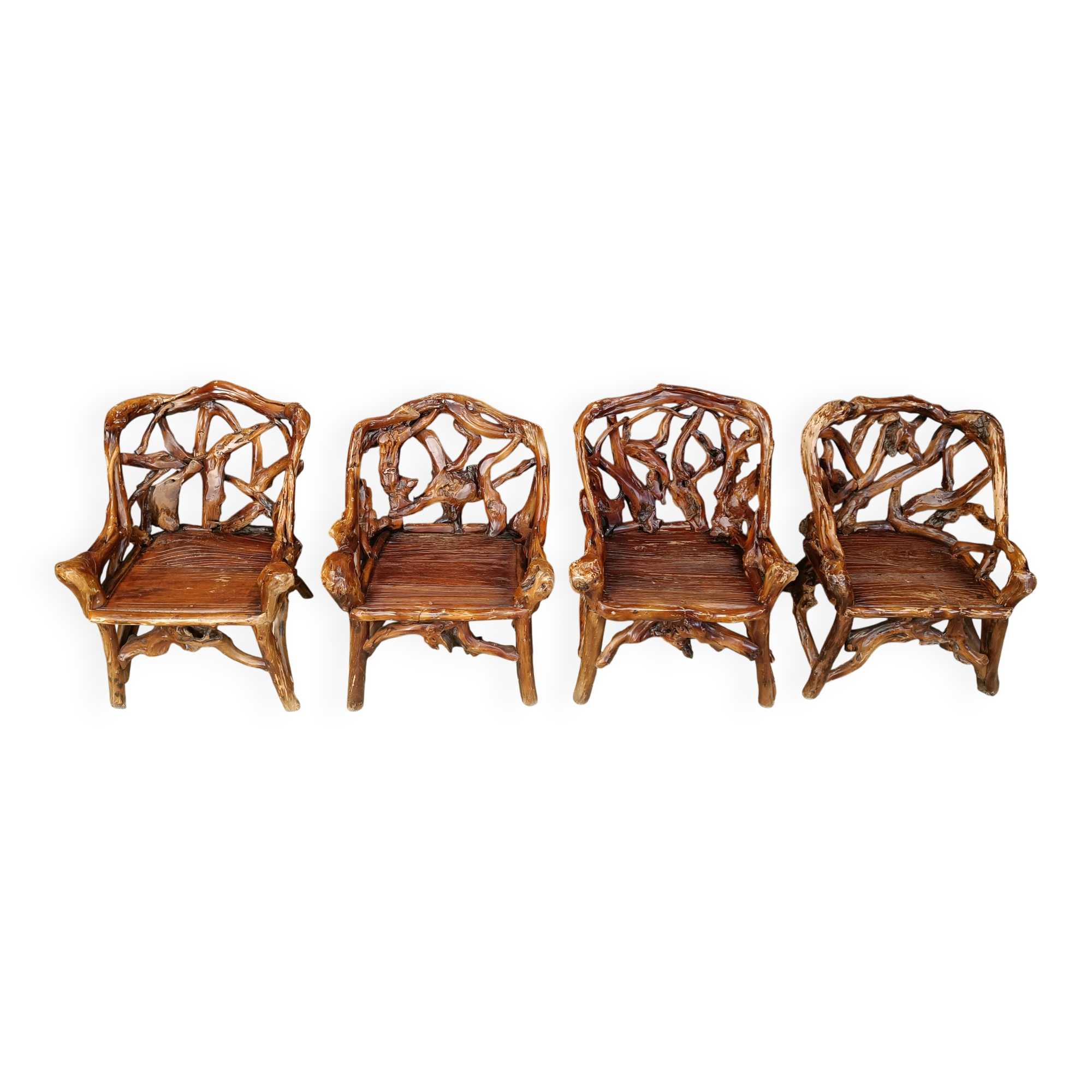 Rustic wood and knotted root armchairs, set of 4 - 1960s