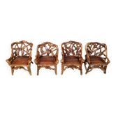 Fauteuils rustiques en bois et racines nouées, lot de 4 - années 1960