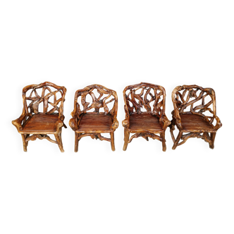 Rustic wood and knotted root armchairs, set of 4 - 1960s