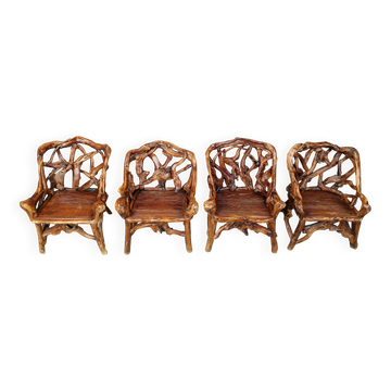 Fauteuils rustiques en bois et racines nouées, lot de 4 - années 1960