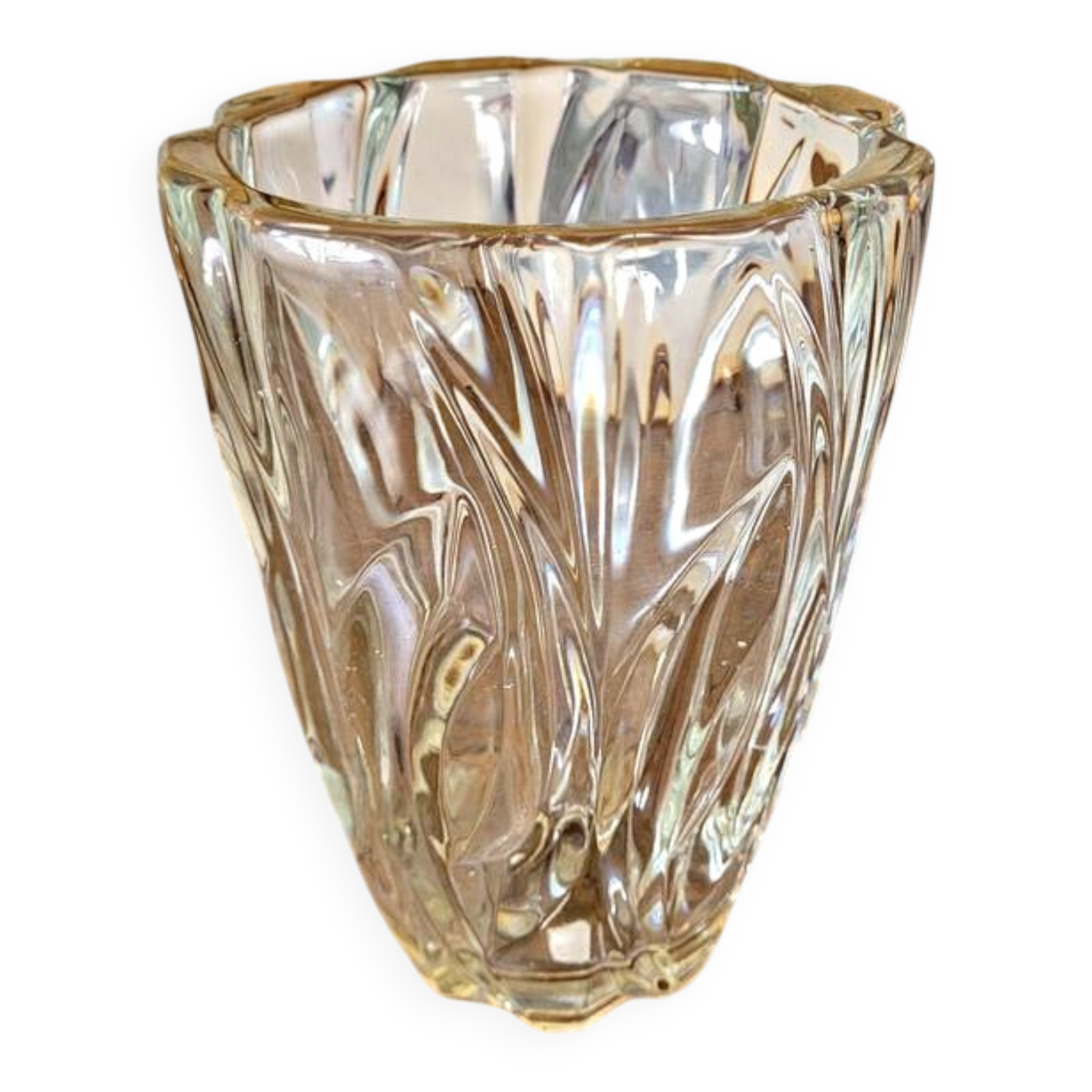 Vintage thick glass vase with twisted ribbed relief.