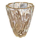 Vintage thick glass vase with twisted ribbed relief.