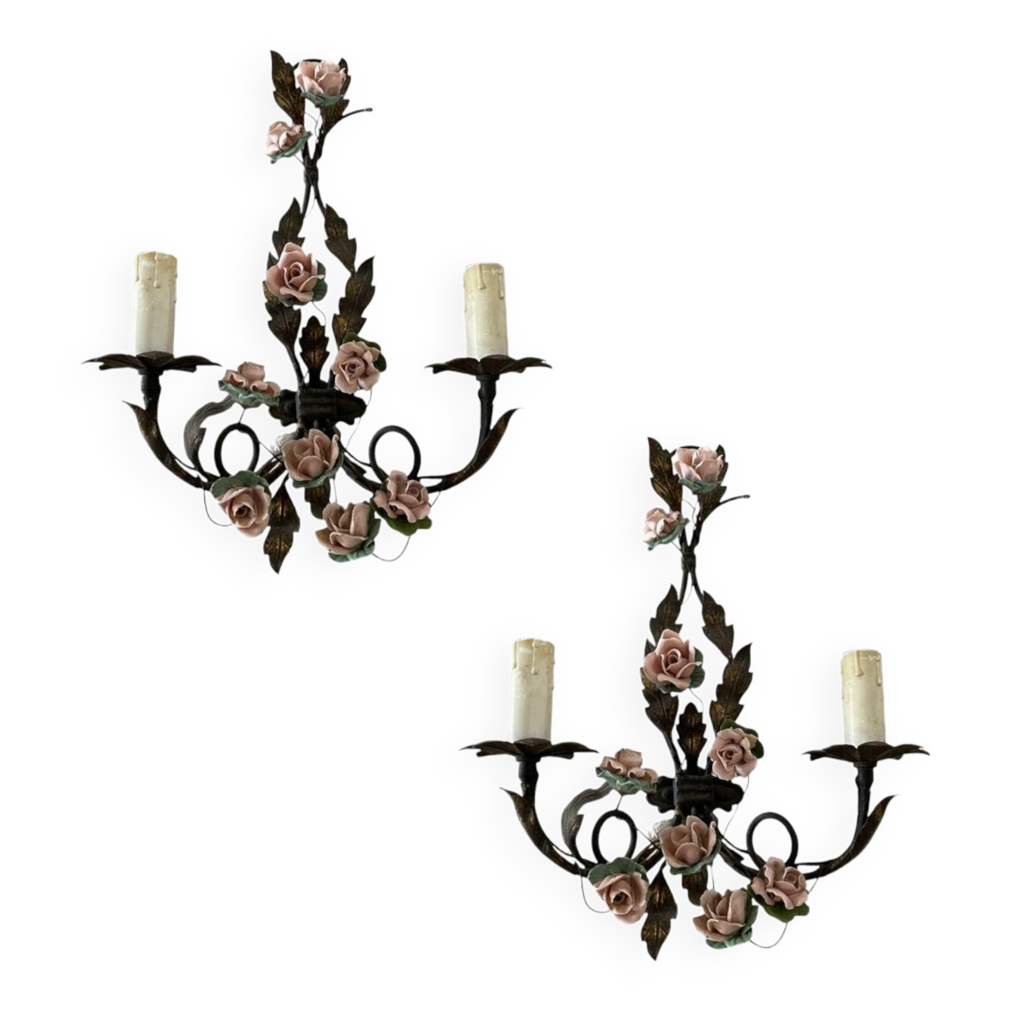 Lot de 2 appliques italiennes en tôle avec motif de roses