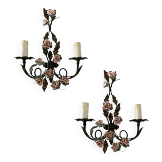 Lot de 2 appliques italiennes en tôle avec motif de roses
