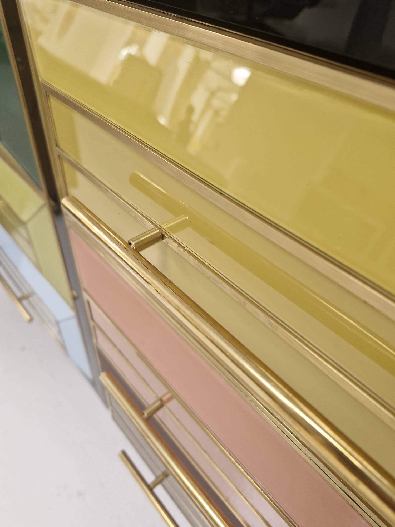 Mid Century Solid Wood And Colored Glass Bar Furniture, Italy 1950's