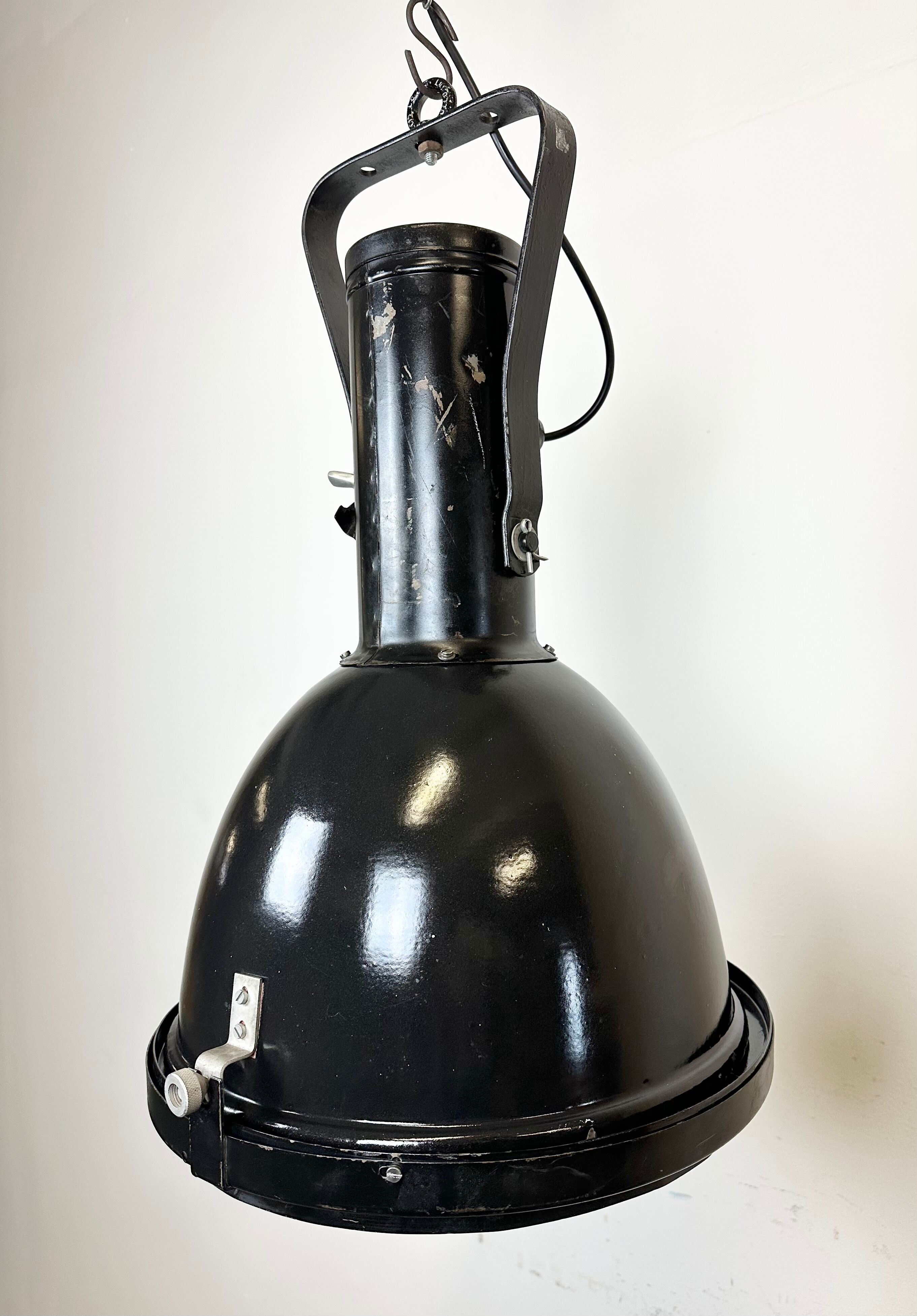 Industrial Black Enamel Factory Spotlight with Convex Glass Cover, 1960s