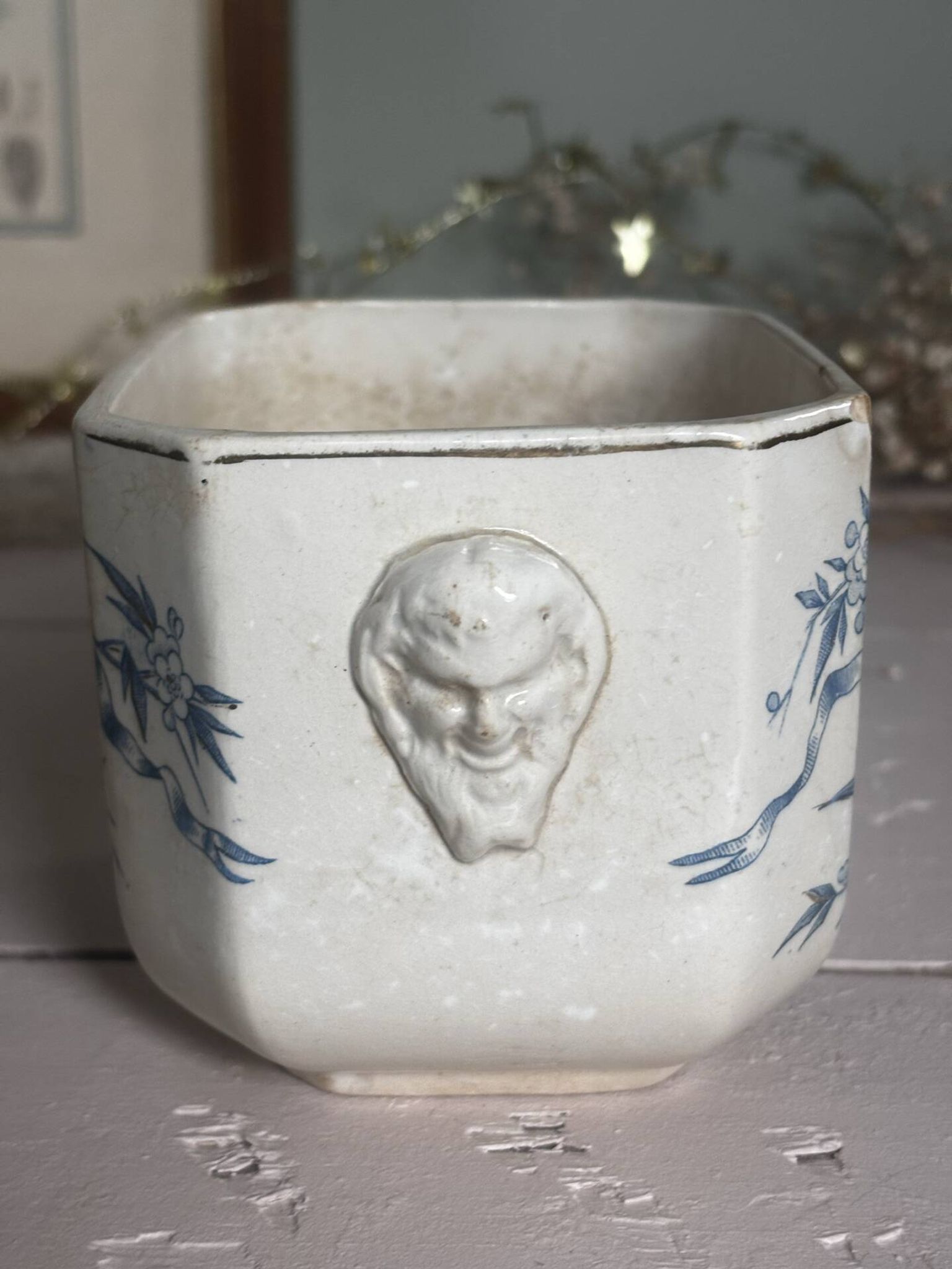 Old faience sugar bowl base with a patinated blue floral pattern from Digoin.
