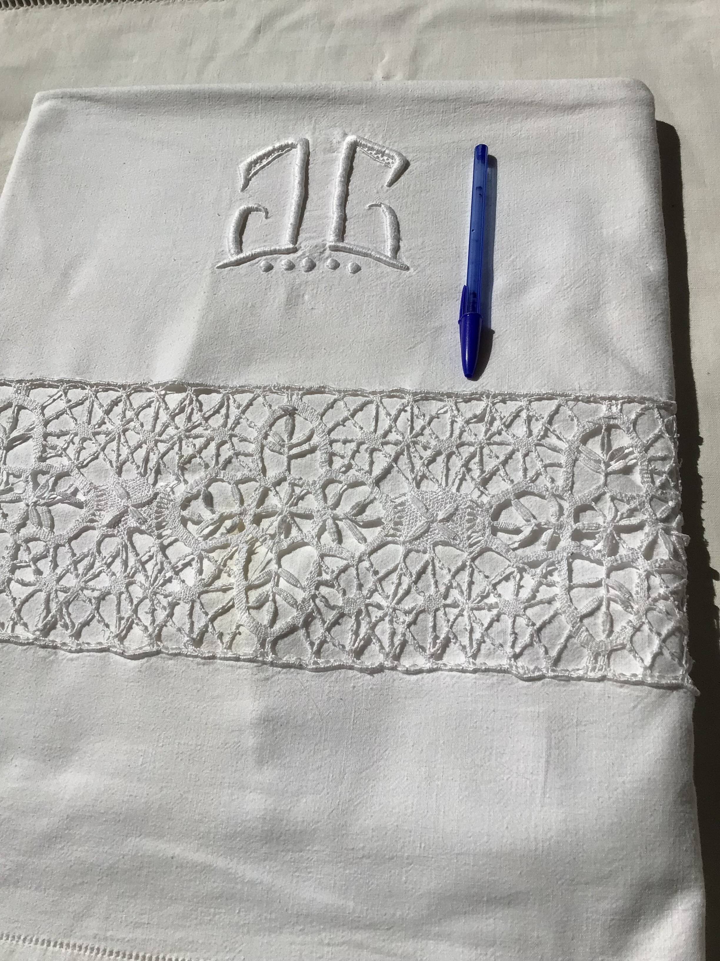 JC embroidered single sheet with crocheted lace