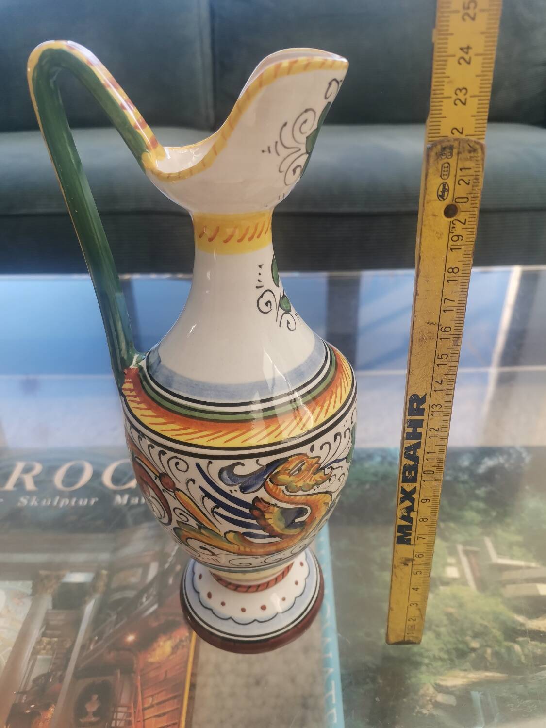 Italian majolica vase jug from Deruta, hand-painted ceramic, signed, 25 cm.