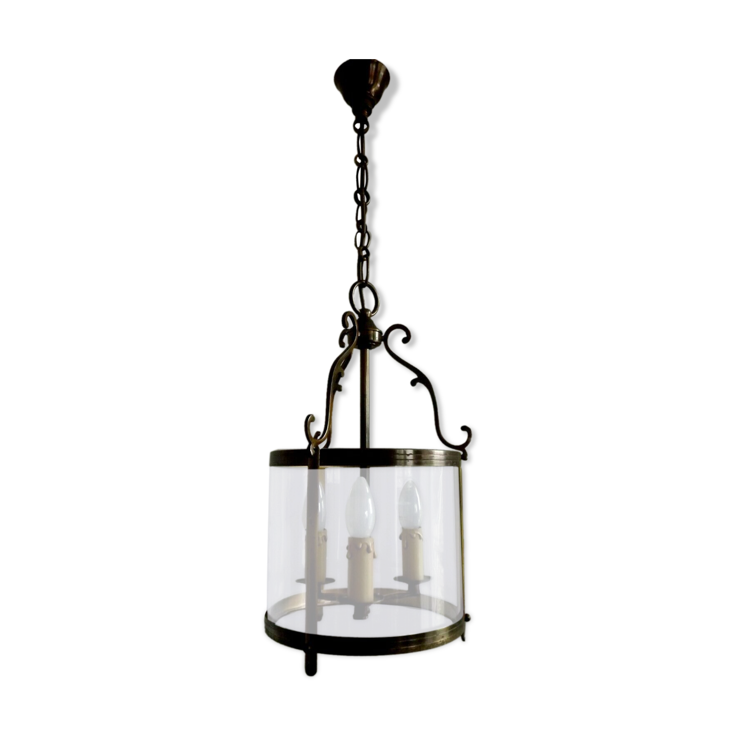 Large Vintage French Brass Cylindrical Glass 3 Light Hanging Hall Lantern