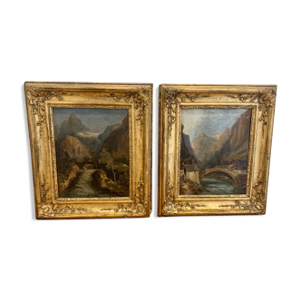 Set of 2 landscape antique paintings, 1900