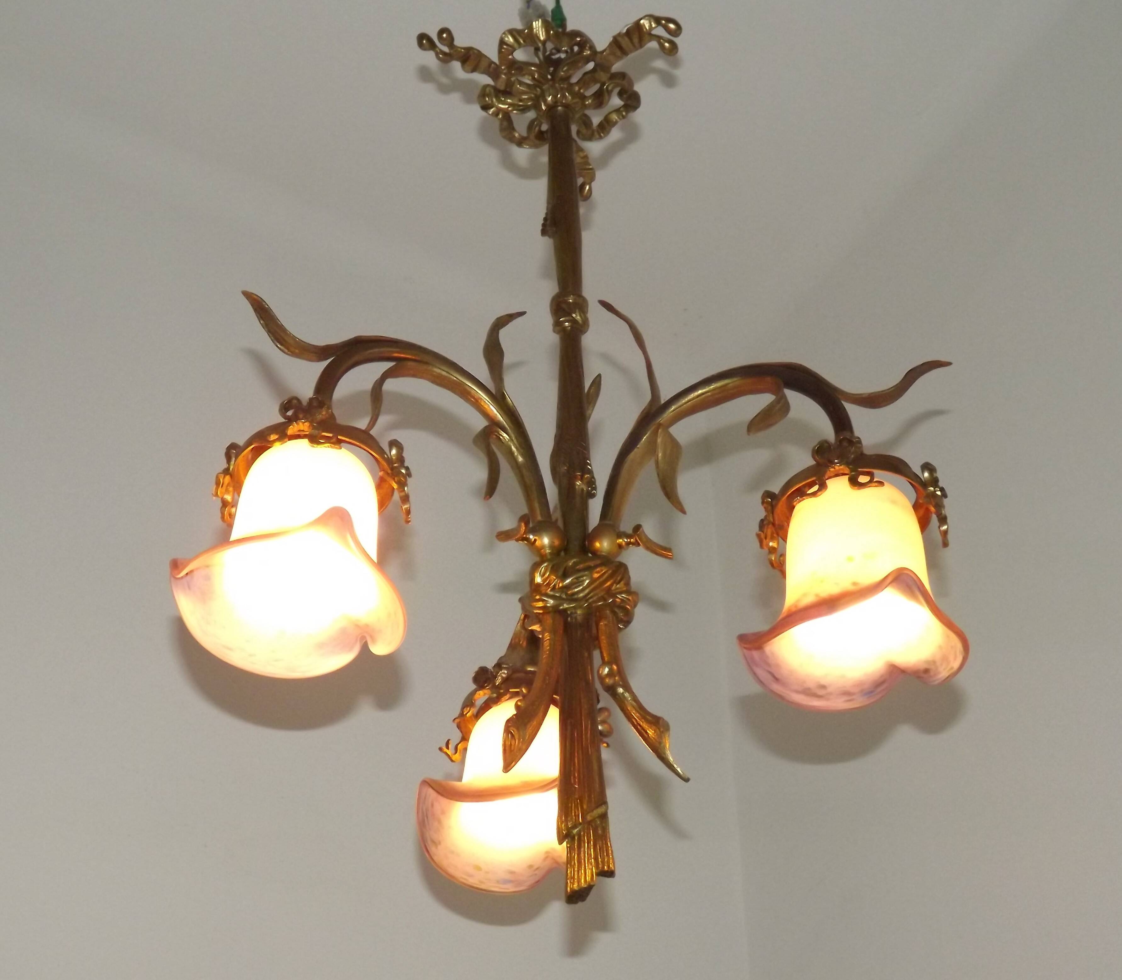 French Antique Late 1800s 3-Light Gilt Bronze Chandelier Art Glass Shades 5089