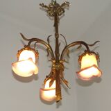 Lustre à 3 lumières en bronze doré, abat-jour en verre d'art 5089