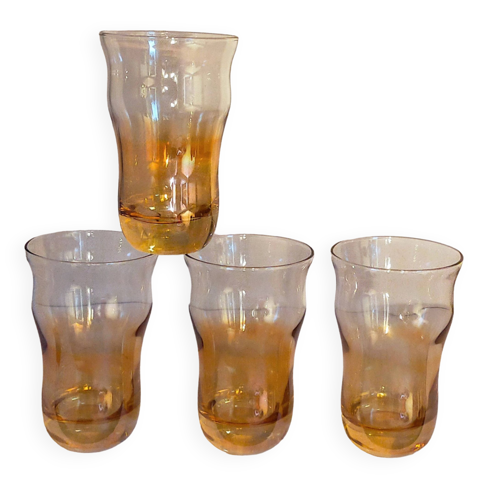 Four iridescent honey blown glass glasses