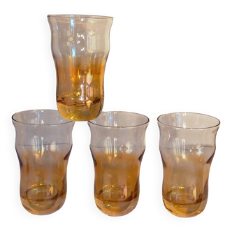 Four iridescent honey blown glass glasses