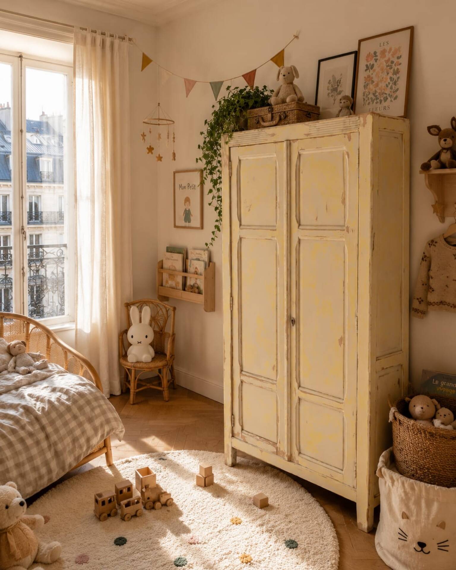 Small antique wardrobe patinated in beige and yellow.