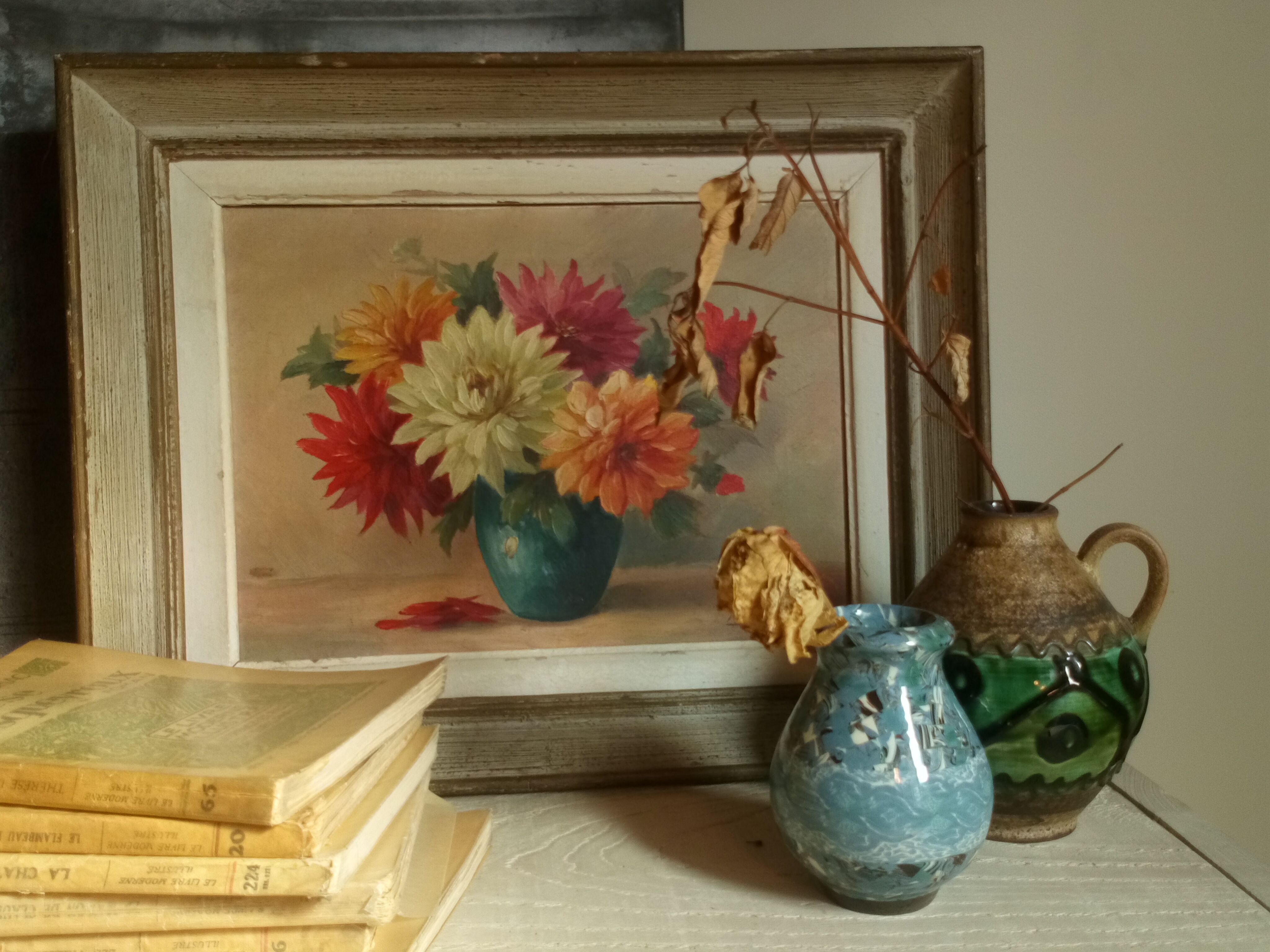 Oil on canvas vase with dalhias framed