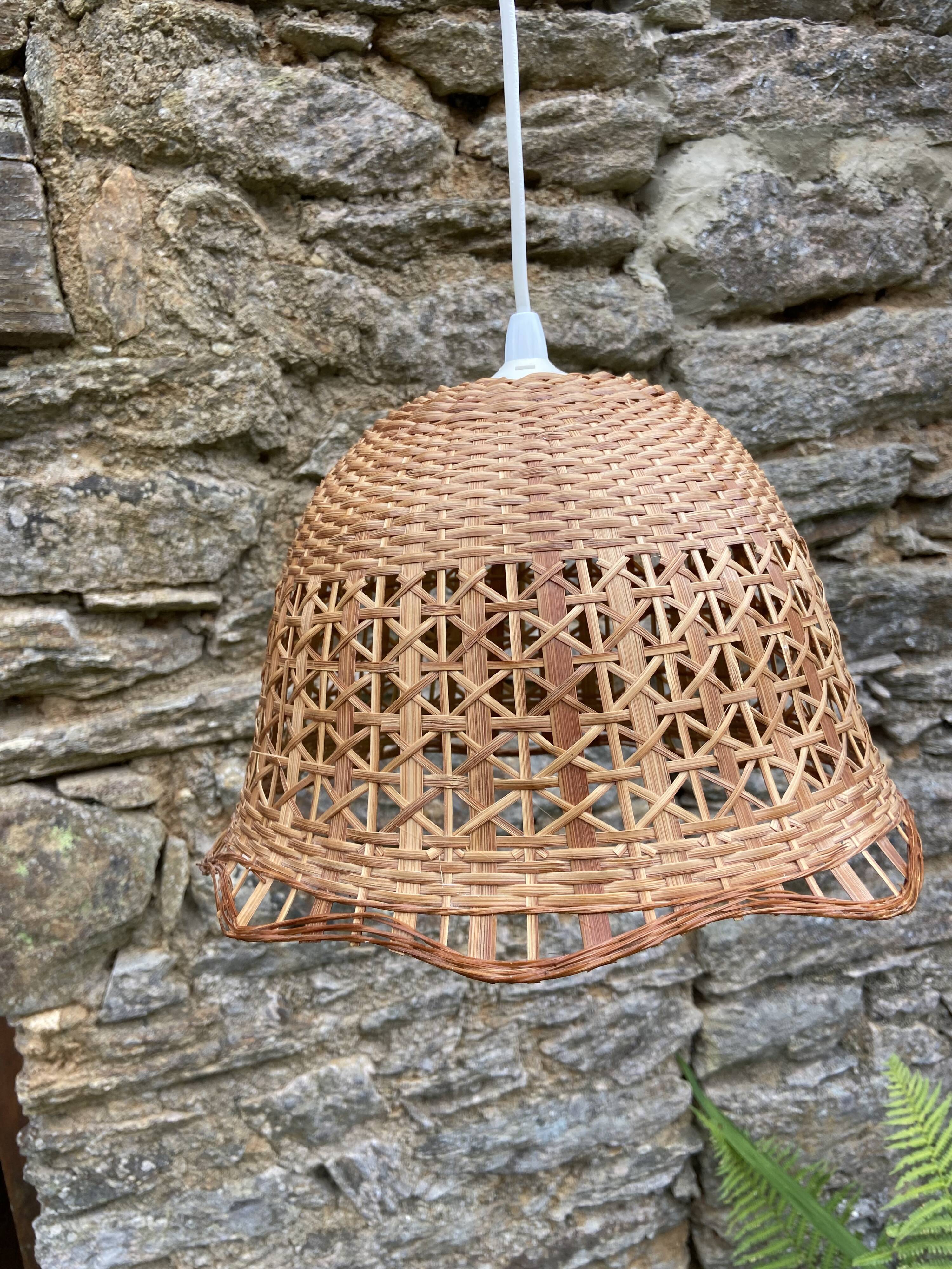 Suspension in rattan and vintage wicker bell shape