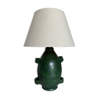 Pied de lampe XXL en terre cuite vernissée verte de Foucart Jourdan Vallauris 1960