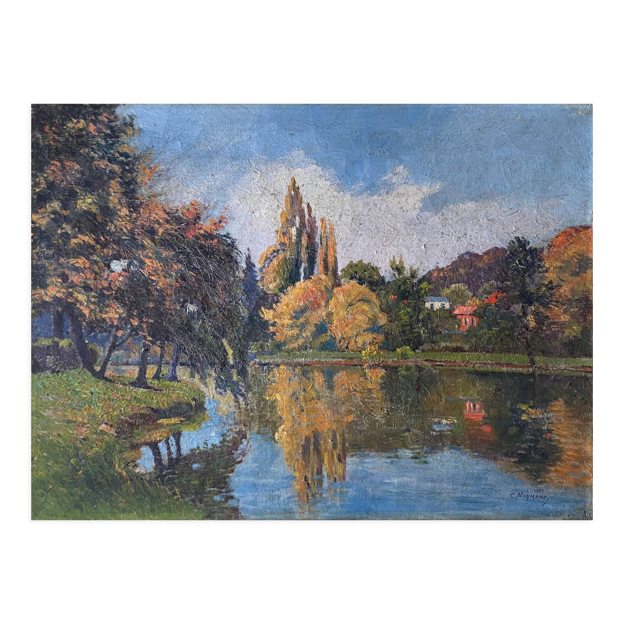 Table HST "Red house by the river" signed C. Normand early XX°