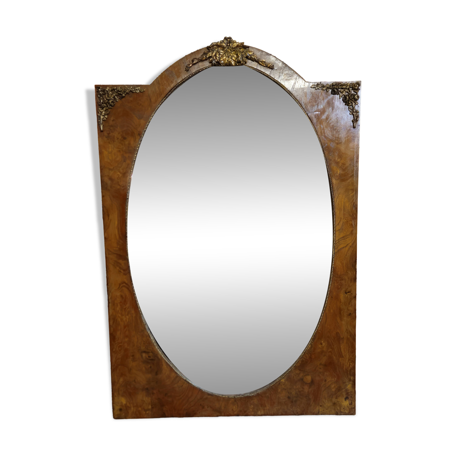 Large oval mirror in burl wood and gilded bronze – Napoléon III period - late 19th century