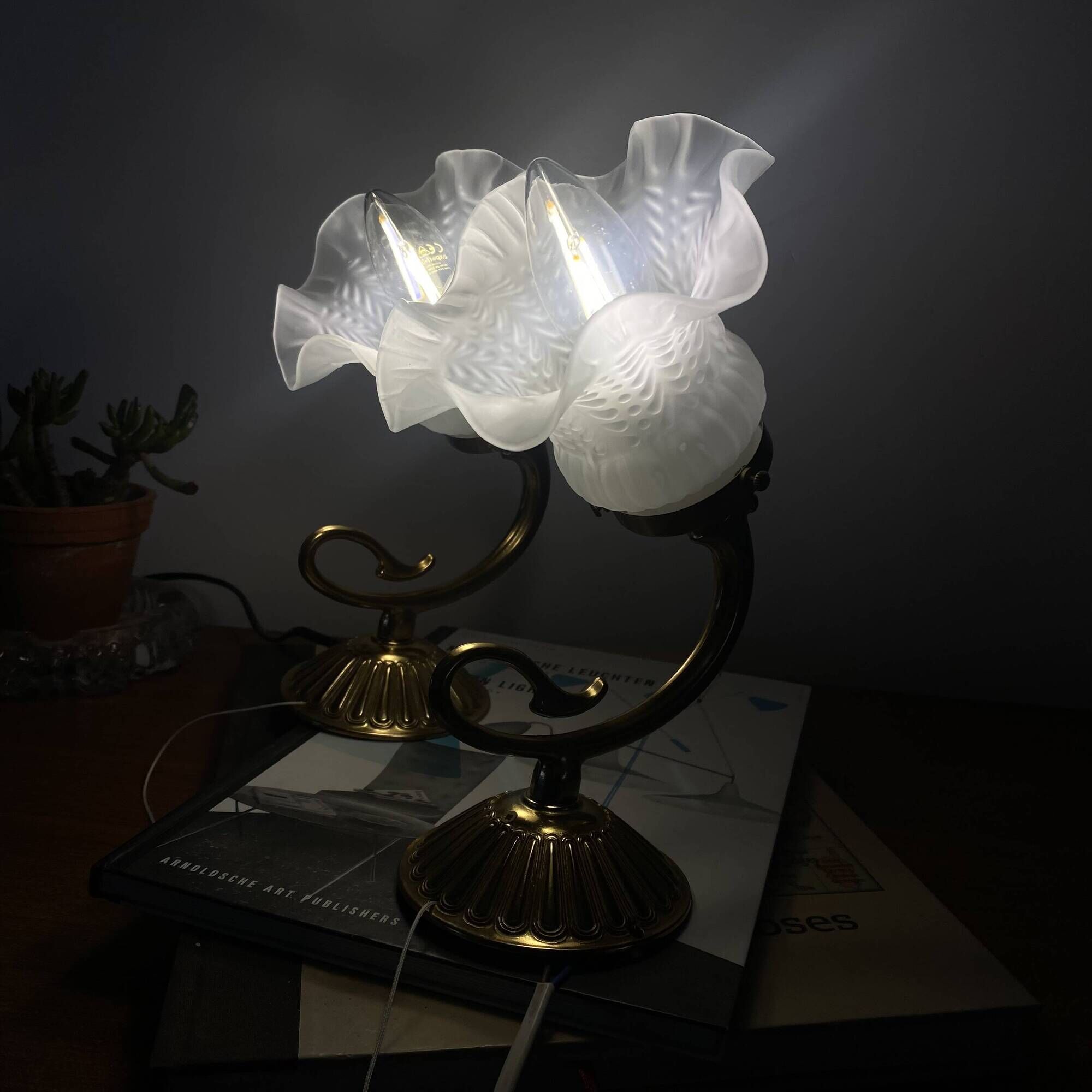 Pair of antique wall sconces with swan neck in brass, glass tulip.