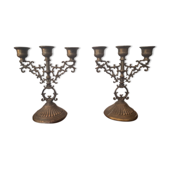Paire de bougeoirs chandeliers 3 feux dorés