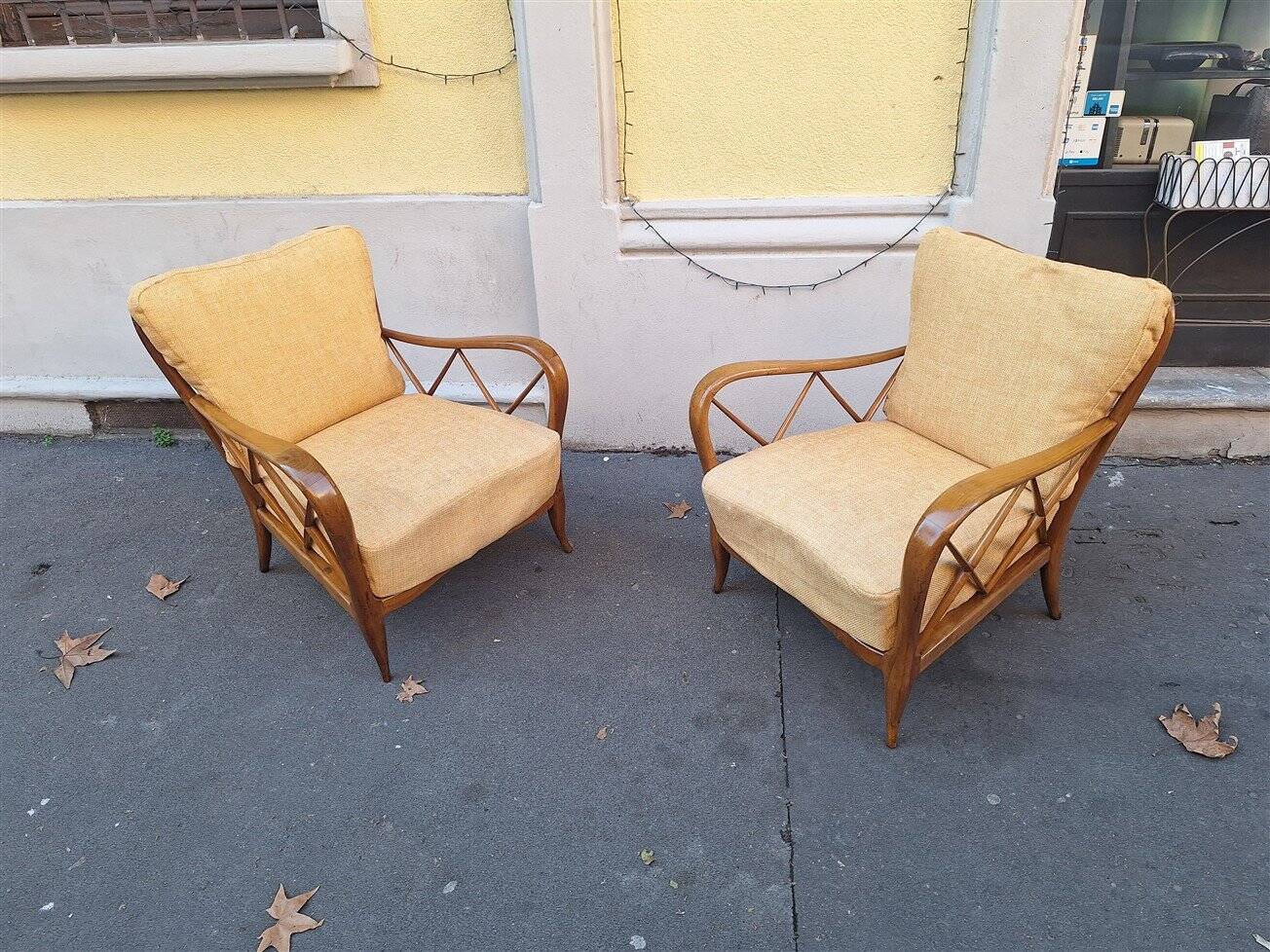 Armchairs in Wood and Yellow Fabric from Paolo Buffa, 1940s, Set of 2