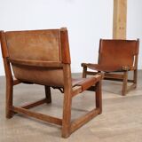 Pair of Riaza chairs in cognac leather by Paco Muñoz for Darro Gallery, Spain