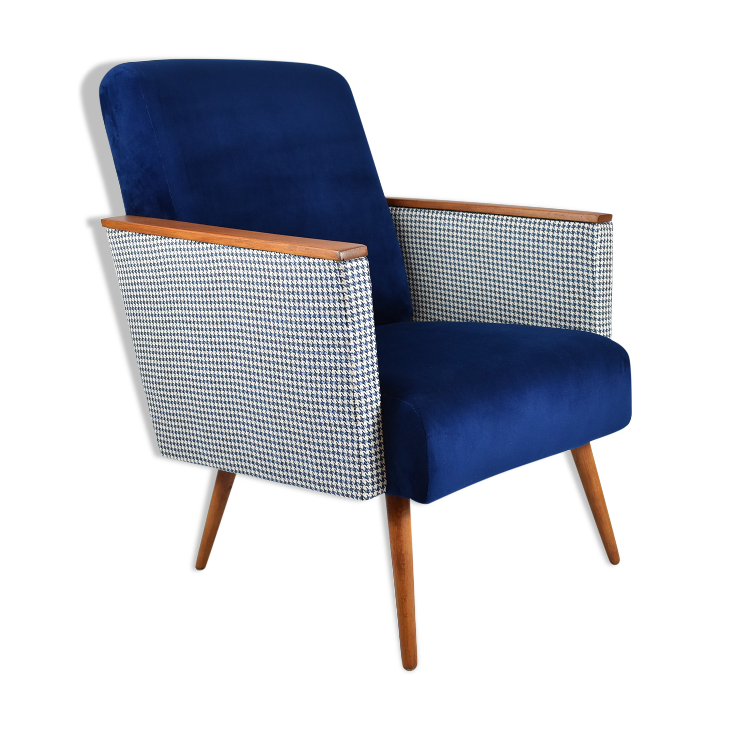 Vintage armchair 60s, DDR, renovation, velvet, houndstooth, blue