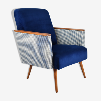 Vintage armchair 60s, DDR, renovation, velvet, houndstooth, blue