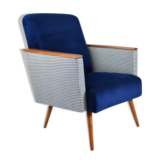 Vintage armchair 60s, DDR, renovation, velvet, houndstooth, blue