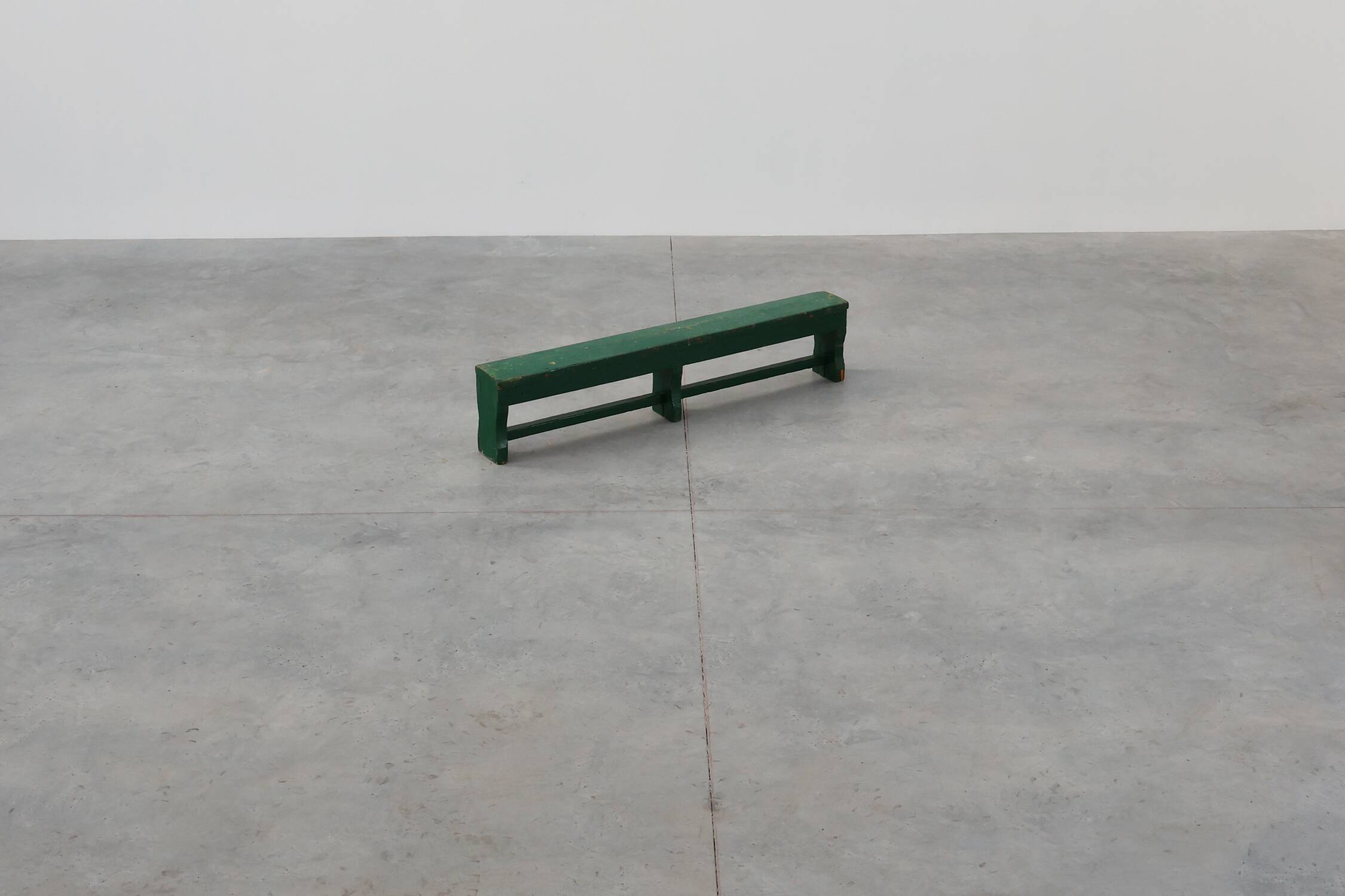 Rustic primitive green farmhouse bench in solid oak, France ca. 1900