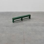 Rustic primitive green farmhouse bench in solid oak, France ca. 1900