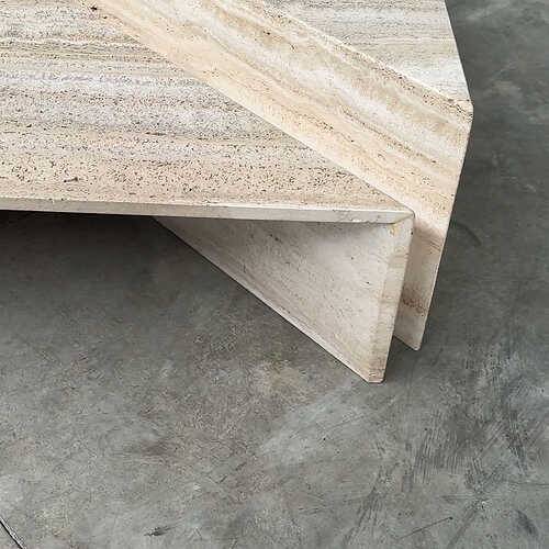 Up & Up large Italian Brutalist travertine coffee table, two-piece geometric mod