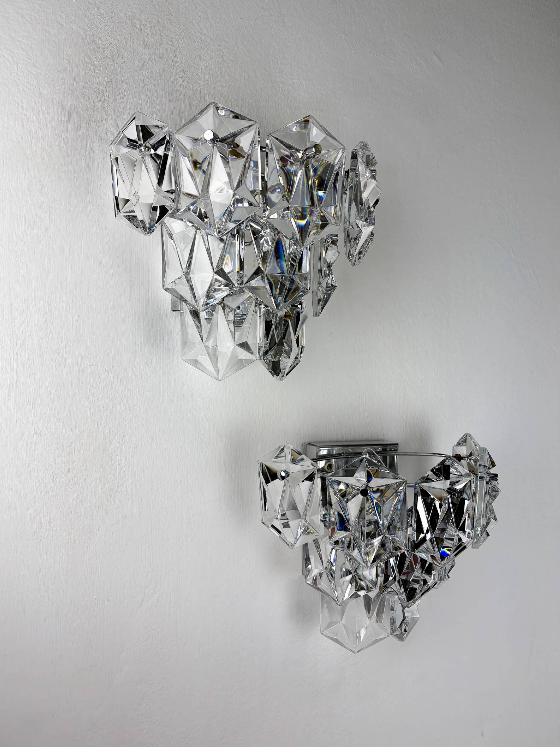 Pair of Kinkeldey 2-tier cut crystal wall sconces, Germany, circa 1970s