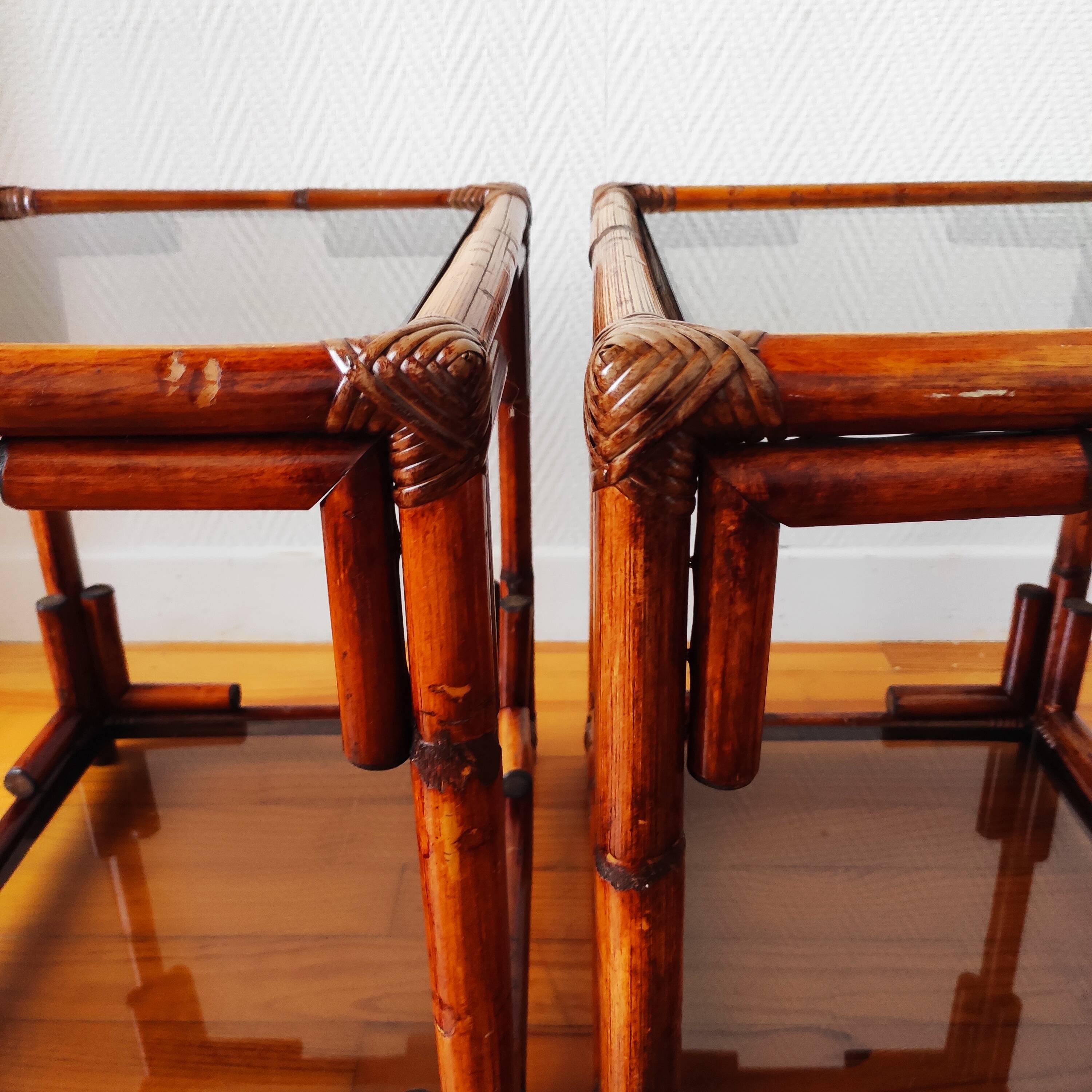 Pair of bedside tables - rattan smoked glass side tables vintage 70s-80s