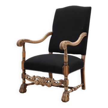 19th century Louis XIII armchair in black linen, France