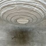 Medium pendant light in rattan and natural linen, Japanese-style, flattened round (Labu) H35 D60