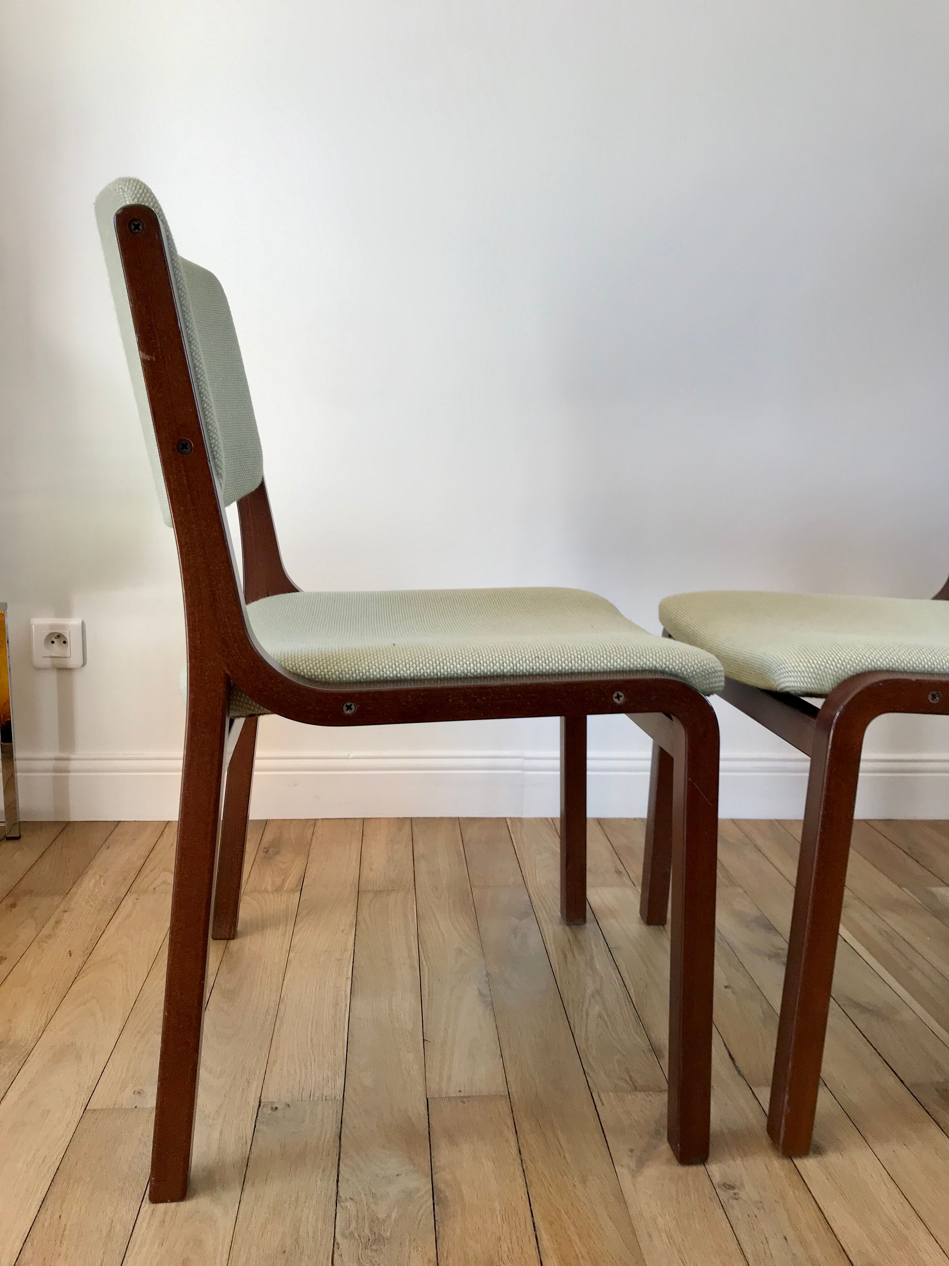 Pair of wooden armchairs and green and ecru fabrics 70s