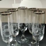 Set of 5 Champagne Flutes. Crystal glass. Empire style. Floral motifs.